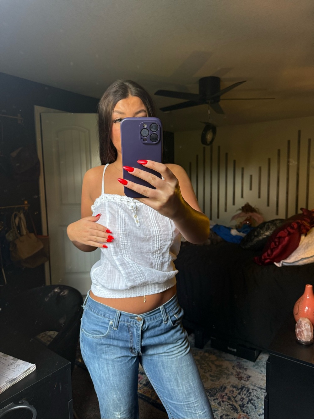 Hollister White Smocked Lace-Trim Cami